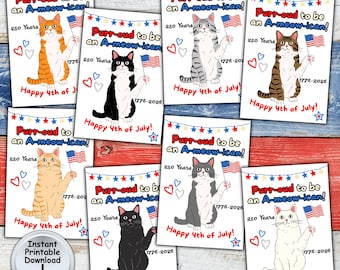 250th Anniversary Happy 4th of July Tag with Patriotic Cat for Independence Day, Printable DIGITAL DOWNLOAD