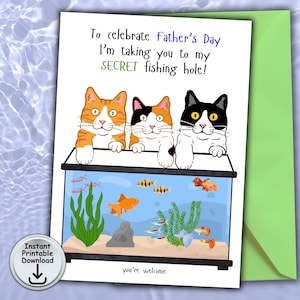 Carte de fête des pères avec chat, carte de pêche de fête des pères pour papa ou grand-père, carte pour amoureux des chats, porte-cartes cadeau ou argent, téléchargement numérique imprimable