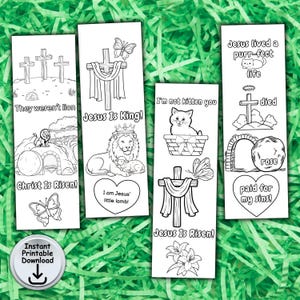 May include: Four black and white printable bookmarks with religious themes. One bookmark features a lion and the text "They weren't lion" and "Christ Is Risen!". Another says "Jesus Is King!" with a lion and lamb. The third says "I'm not kitten you". The last says "Jesus lived a purr-fect life".