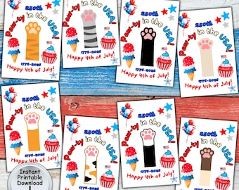 250th Anniversary Happy 4th of July Tag with Patriotic Cat Paw-ty in the USA for Independence Day, Printable DIGITAL DOWNLOAD