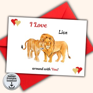 Tarjeta de amor (aniversario o San Valentín) con un león, tarjeta para amantes de los gatos, tarjeta con un juego de palabras sobre gatos, descarga digital imprimible