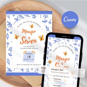 Bunter Blumen Schmetterlings-Geburtstags-Party-Trip-Flyer-editierbare Einladung Digital druckbare Canva-Download-Vorlage Jedes Alter Mädchen-Geburtstag