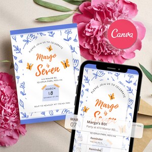 Convite de viagem para festa de aniversário com borboletas florais coloridas, modelo editável, para impressão digital, para download no Canva, para meninas de qualquer idade, aniversário