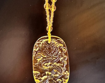 Yellow Crystal Dragon Pendant Necklace: Feng Shui Amulet Jewelry