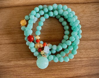 Green Jade Beaded Bracelet: Feng Shui Good Fortune Charms
