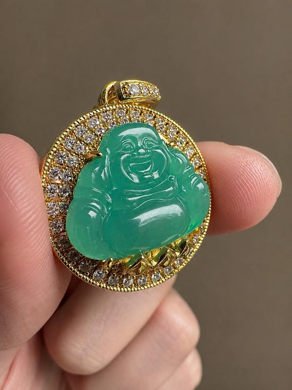 Top Grade Green Jadeite Laughing Buddha Pendant Blessing Necklace–18K Gold-Plated Frame, FengShui Good Luck Jewelry, Handmade Gift for Her