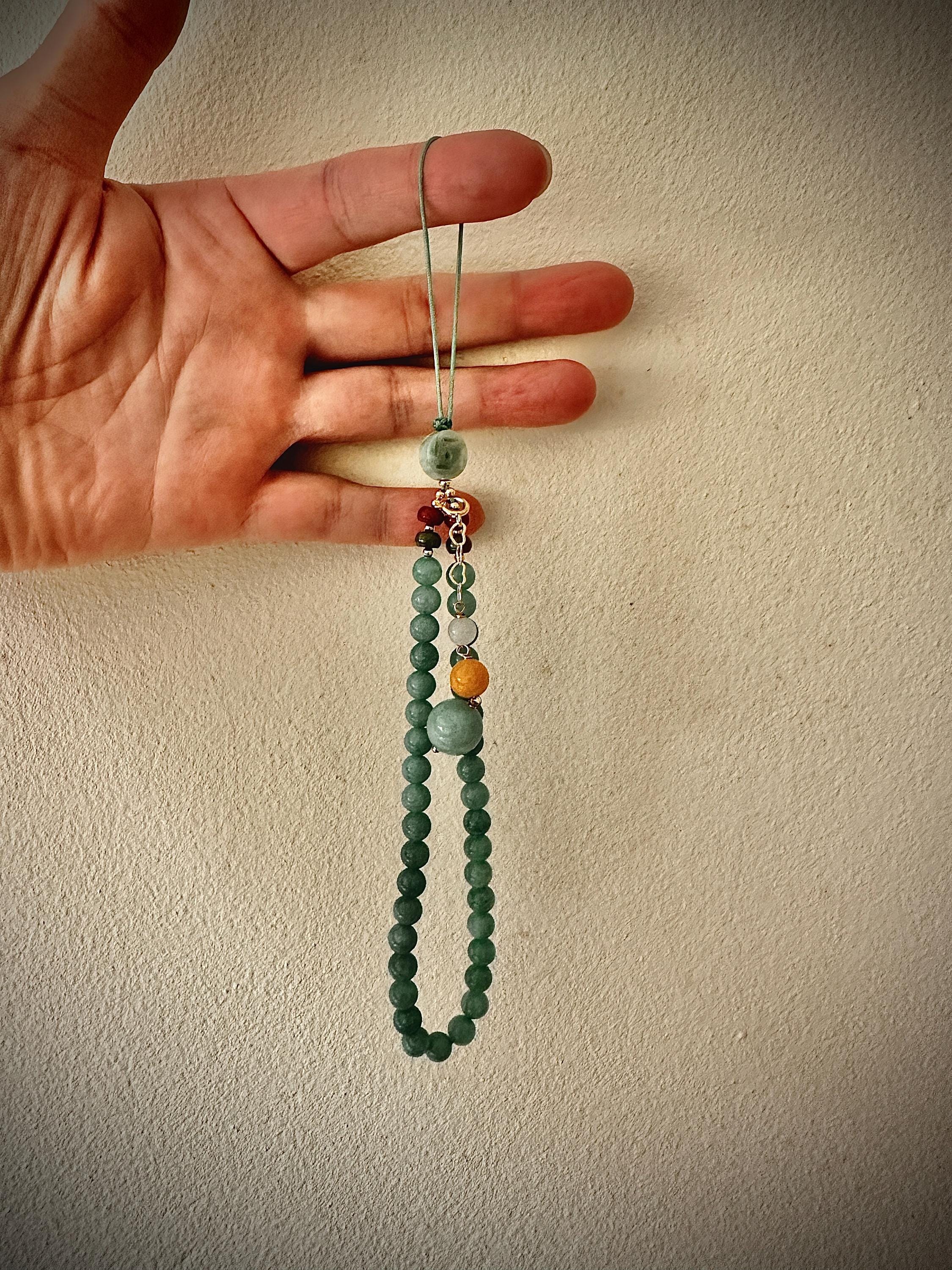 Green Jade Beaded Phone Charm: Oriental Feng Shui Bag Charm