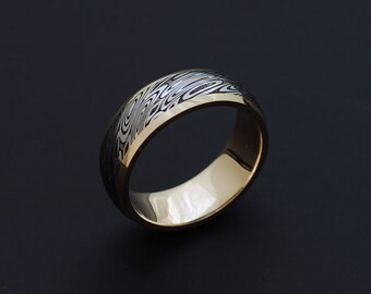 Genuine stainless Damascus Steel and 18K Yellow Gold Women Ring PD71