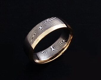 Genuine stainless Damascus Steel and 18K Yellow Gold Mens Ring PD95