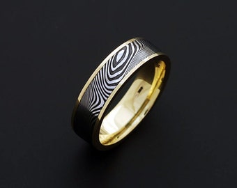 Genuine stainless Damascus Steel and 18K Yellow Gold Mens Ring PD31