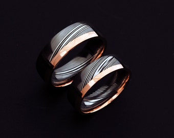 Genuine stainless Damascus Steel and Rose Gold Wedding Band Set PD91