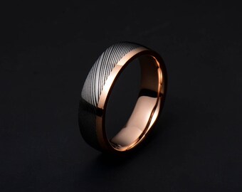 Genuine stainless Damascus Steel and Rose Gold Mens Ring PD122