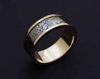 Genuine stainless Damascus Steel and 18K Yellow Gold Mens Ring PD68