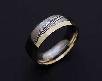 Echter Edelstahl Damast Stahl und 18K Gelbgold Herrenring PD63