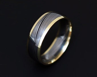 Genuine stainless Damascus Steel and 18K Yellow Gold Mens Ring PD54