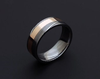 Genuine stainless Damascus Steel and Rose Gold Ring PD55