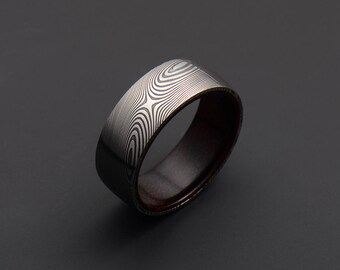 Genuine Stainless Damascus Steel and Snake Wood Mens Ring PD110