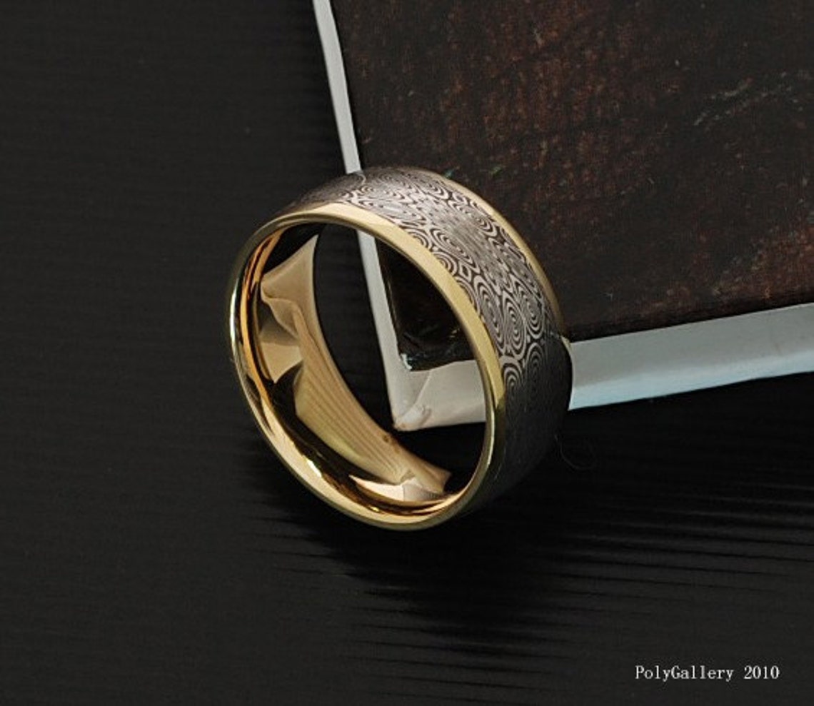 Genuine Stainless Damascus Steel and 18K Yellow Gold Mens Ring Etsy