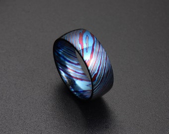 Echte Timascus Titanium Damaskus Herren Ehering Herrenring mit blauer Farbe und lila Farbe PD139