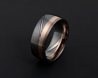 Echter Herrenring aus Damast-Stahl und Rosegold PD115