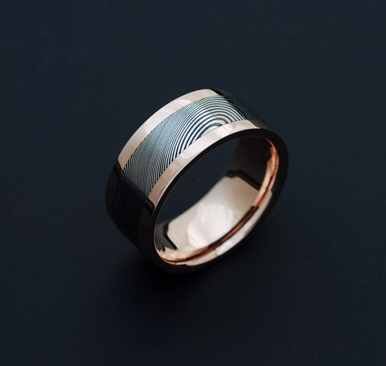 Genuine Stainless Damascus Steel and Rose Gold Mens Ring Etsy