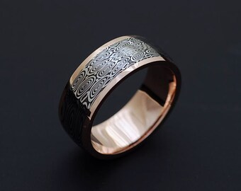 Genuine stainless Damascus Steel and Rose Gold Mens Ring PD76