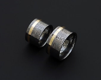 Genuine stainless Damascus Steel and 18K Yellow Gold Wedding Band Set PD58