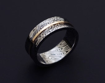 Genuine Stainless Damascus Steel and 18K Yellow Gold  Women Concave Ring PD69