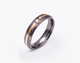 Genuine Stainless Damascus Steel with 18K Yellow Gold and Diamond Women Ring PD100