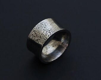 Genuine stainless Damascus Steel Mens Concave Ring - Width 12mm PD77