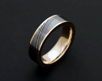 Genuine stainless Damascus Steel and 18K Yellow Gold Women Ring PD44