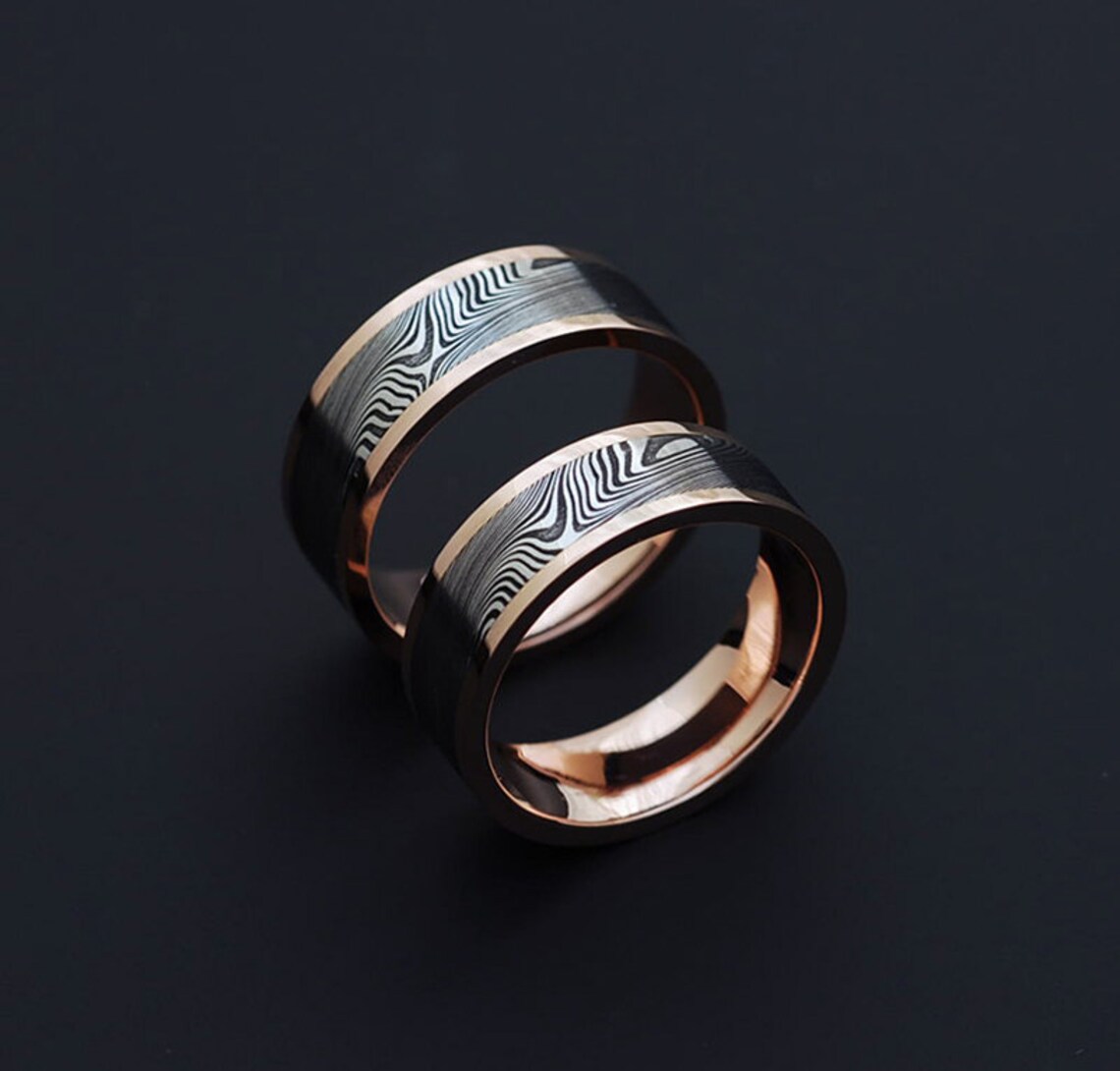Genuine Stainless Damascus Steel and Rose Gold Wedding Band Etsy