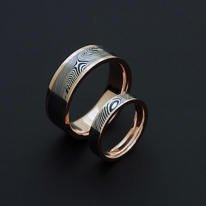 Genuine stainless Damascus Steel and Rose Gold Wedding Band Set PD75