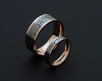 Genuine stainless Damascus Steel and Rose Gold Wedding Band Set PD75