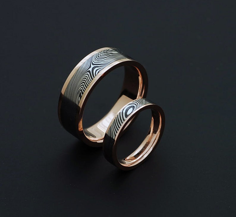 Genuine Stainless Damascus Steel and Rose Gold Wedding Band Set PD75