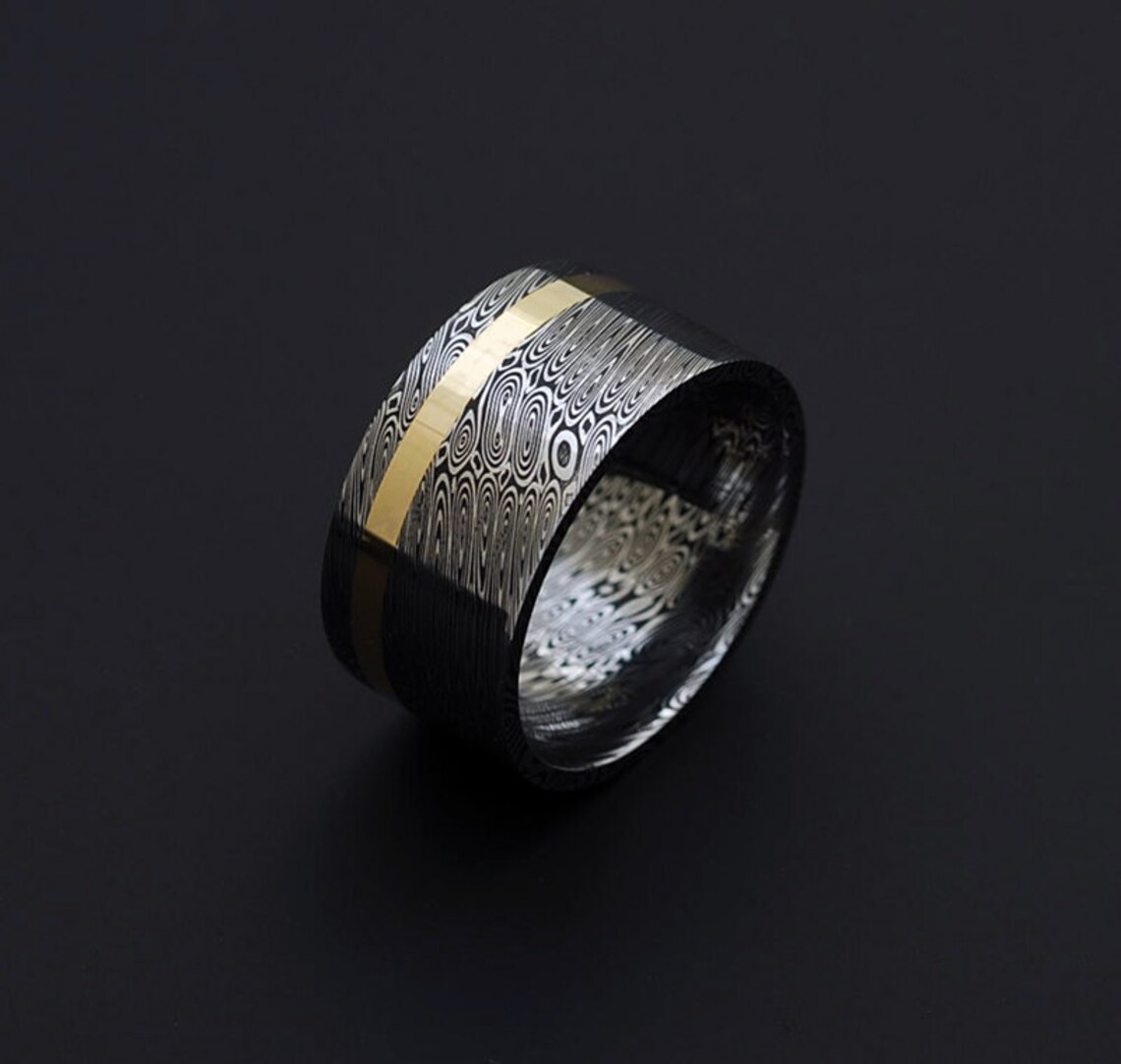 Genuine Stainless Damascus Steel and 18K Yellow Gold Mens Ring Etsy