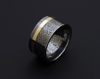 Genuine stainless Damascus Steel and 18K Yellow Gold Mens Ring - Width 12mm PD56