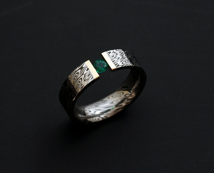 Genuine Stainless Damascus Steel with 18K Yellow Gold and Stone Ring PD97