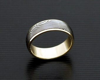 Genuine stainless Damascus Steel and 18K Yellow Gold Mens Ring PD51