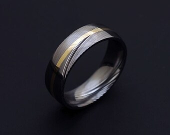 Genuine stainless Damascus Steel and 18K Yellow Gold Mens Ring PD67