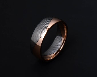 Genuine stainless Damascus Steel and Rose Gold Mens Ring PD120