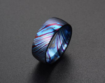 Genuine Timascus Titanium Damascus Mens wedding band Men&#39;s ring With Blue Color and Purple Color PD139