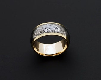 Genuine stainless Damascus Steel and 18K Yellow Gold Women Ring PD38