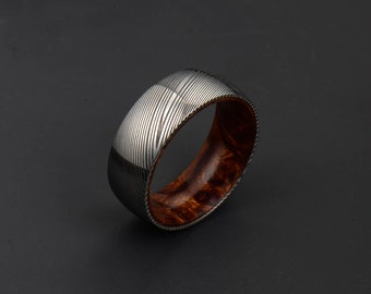 Genuine Stainless Damascus Steel and Desert Ironwood Mens Ring PD136