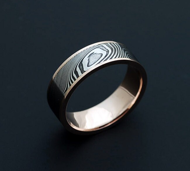 Genuine stainless Damascus Steel and Rose Gold Mens Ring PD43