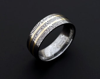 Genuine stainless Damascus Steel and 18K Yellow Gold Mens Ring PD33