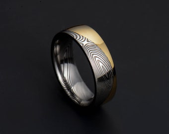 Genuine stainless Damascus Steel and 18K Yellow Gold Mens Ring PD117