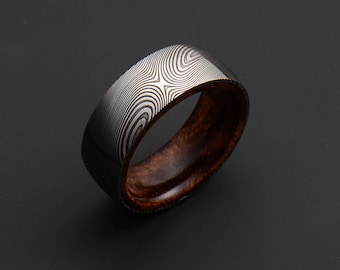 Genuine Stainless Damascus Steel and Hawaiian Koa Wood Mens Ring PD109