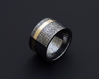 Genuine stainless Damascus Steel and 18K Yellow Gold Women Ring - Width 12mm PD57