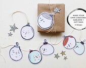 Christmas Garland, Gift Tag Bauble Character- Instant Printable Download (DIY, PDF)